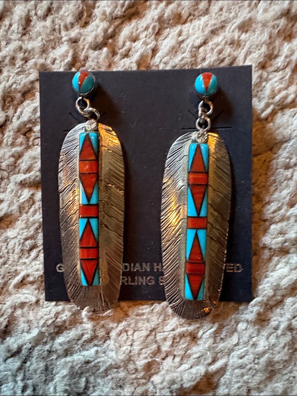 Native American Turquoise & Coral Inlay Feather Drop Earrings - Sterling Silver